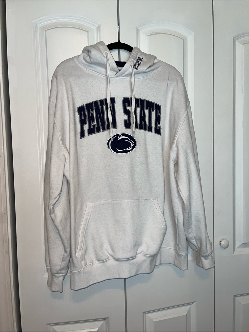 Stadium Athletics White Hoodie with Navy Lettering